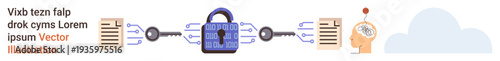 Cybersecurity, data protection, encryption, artificial intelligence, blockchain, secure storage. A locked padlock connecting documents and an AI-themed brain. Cybersecurity and data protection