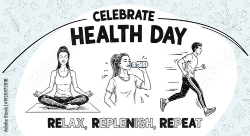 Vector illustration set for Health Day with yoga, hydration, and running