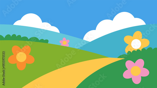 Cartoon-style landscape with rolling green hills, a yellow path, and colorful flowers under a blue sky with clouds