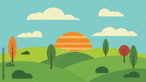 Abstract landscape with rolling green hills, stylized trees, and a setting sun under a blue sky with clouds