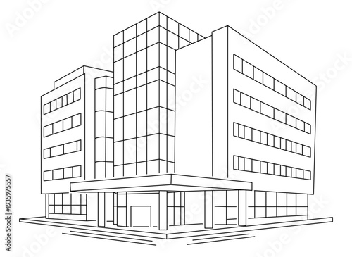 A minimalist illustration of a modern office building with a glass facade. The clean, linear outline represents corporate architecture, commercial properties, real estate development, etc.
