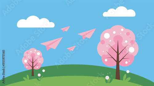 Spring landscape illustration with pink cherry blossom trees, flying paper airplanes, and blue sky.