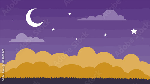 Night sky landscape with crescent moon, stars, and colorful clouds