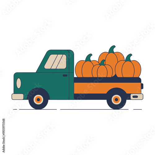 Green pickup truck carrying pumpkins, isolated on white background