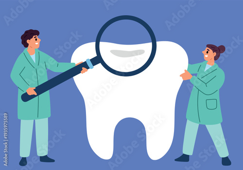 Young male and female dentists examine condition of teeth. Preventive dental care. Clinic doctors with magnifying glass. Medical exam. Oral health checkup. Caries treatment. Vector concept