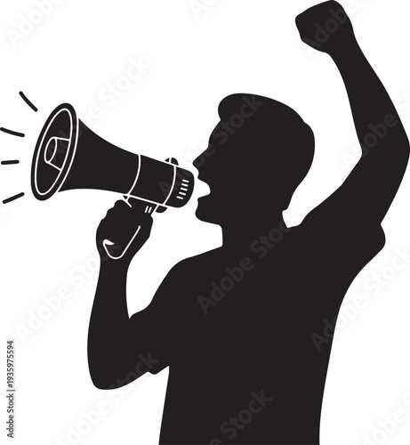 Mans silhouette passionately announcing with megaphone and raised fist for protest