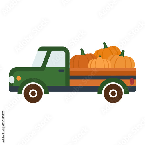 Green pickup truck loaded with pumpkins, isolated on white background