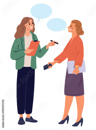 Woman with clipboard and pen conducts survey of women. Interviewer talking to passersby on street. Sociology research. Sociologist asking questions for questionnaire. Vector concept