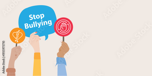 Flat vector illustration of diverse hands holding speech bubble with Stop Bullying message. Anti bullying awareness campaign concept suitable for school posters, social campaign, education materials 