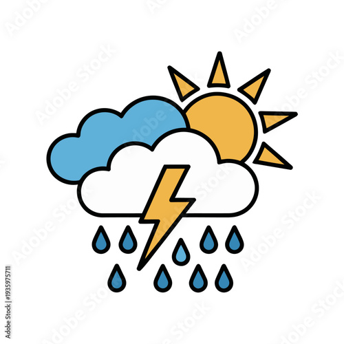 Weather forecast icon with sun, cloud, lightning, and rain isolated on white background.