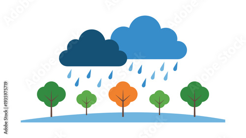 Rainy weather with clouds and trees isolated on white background