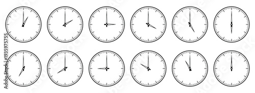 Watch face icons with minute and hour hands. Pointers readings for each time interval. Clockwise arrow. Deadline and punctuality. Alarm clock design. Vector timepiece round dials set