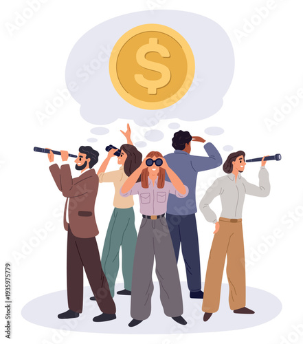 Team male and female businesspeople looking for ways to make money and new business ideas. People with binoculars searching financial profit. Commercial solution finding. Vector concept