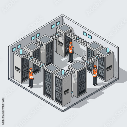 Isometric illustration of a data center with technicians managing server racks.