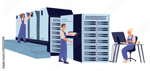 Male and female system administrators maintain and configure large server. Datacenter workers. Computing equipment. Engineers working with hardware. Database machine. Vector concept