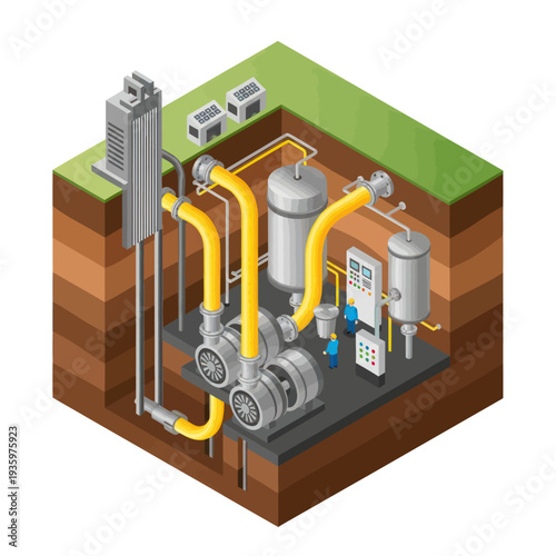 Isometric illustration of a geothermal heating and cooling system.