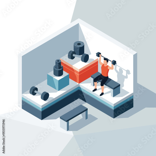 Isometric illustration of a man lifting weights in a gym.