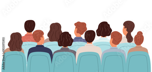 Male and female audience members sit in chairs in auditorium or performance hall. Students at lecture. Theatre spectators. Concert armchairs behind. Conference seats. Vector people crowd