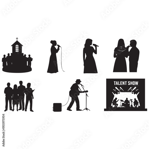 Silhouettes of people performing at a talent show with music and audience
