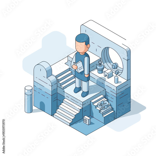 Isometric illustration of a man standing on a futuristic platform.