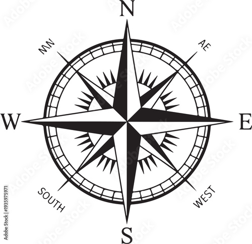 Navigational black and white compass rose symbol guiding journeys and global exploration