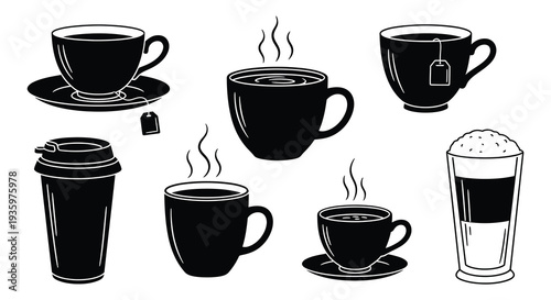 A collection of black coffee and tea cups with steam presented in a stark minimalist silhouette high quality professional detailed modern