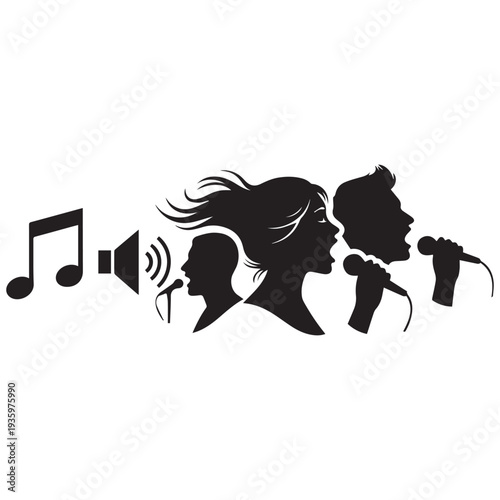 Silhouettes of people singing with microphones and musical notes