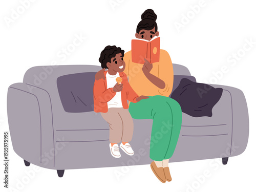 Loving mother reads interesting book to son while sitting on sofa. Family relationship. Literature for kids. Mom teaching boy. Parent relaxing with child. Vector parenthood concept