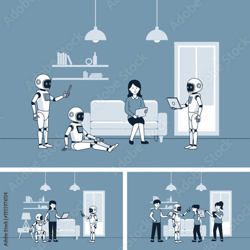 Robots and humans interacting in a modern home environment.