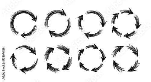 A collection of circular hand drawn arrows in varying completion stages presented as a black silhouette high quality professional detailed modern elegant
