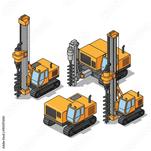 Isometric Illustration of Heavy-Duty Drilling Rigs for Construction and Mining Operations.