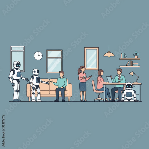 Robots and humans interacting in a modern office environment.