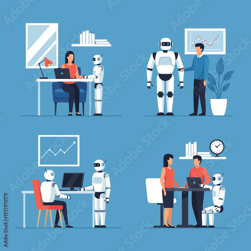 Robots and humans working together in various office settings.