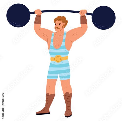 Large strong man in striped suit lifts heavy barbell with metal balls. Circus athlete. Bodybuilder with dumbbell. Powerful sportsman weightlifting. Carnival strongman. Vector concept