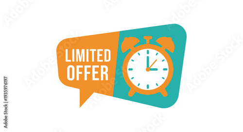 A vibrant speech bubble displays a time sensitive limited offer with a classic alarm clock silhouette high quality professional detailed modern elegant