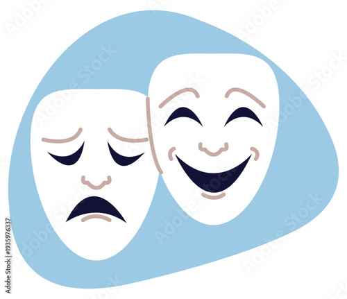 Joyful and sad theatrical masks. Theatric comedy and tragedy. Emotional expression. Opera drama faces. Artistic art. Masquerade grimace. Comic emotions. Hypocrisy smile. Vector concept