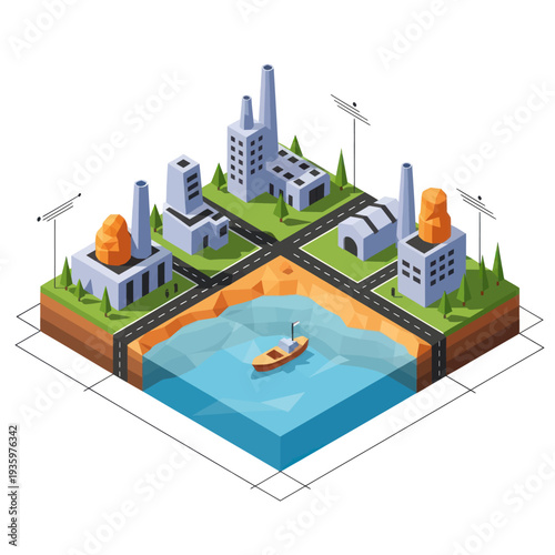 Isometric Industrial Area with Factories and Water Body.