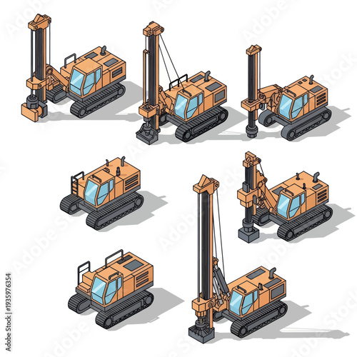 Isometric illustration set of drilling rigs and construction machinery.