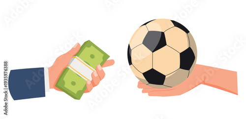 Hand holding soccer ball. Arm giving wad of cash. Unfair betting. Sport competition. Money banknotes bribe. Tournament corruption. Vector concept of illegal match fixing in football