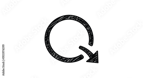 A hand drawn black circular arrow pointing clockwise created with sketchy lines depicted as a silhouette high quality professional detailed modern elegant