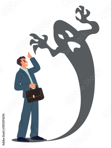Frightened businessman is afraid of ghosts. Fear and anxiety about business and work. Fearful boogeyman. Spooky beast shadow. Crisis and recession spooky phantom shade. Vector concept