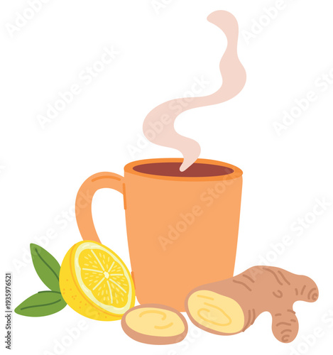 Fragrant cup of tea with pieces of ginger and slice of lemon. Hot steam from mug. Spicy beverage. Aromatic flavor seasoning. Teacup with root and citrus circles. Vector healthy drink