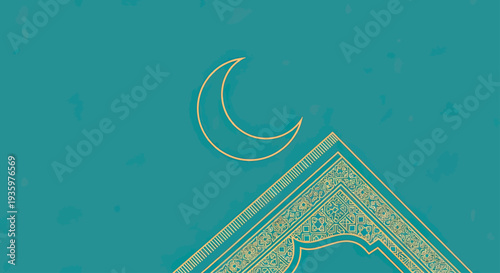 Islamic prayer rug and crescent moon on teal textured background