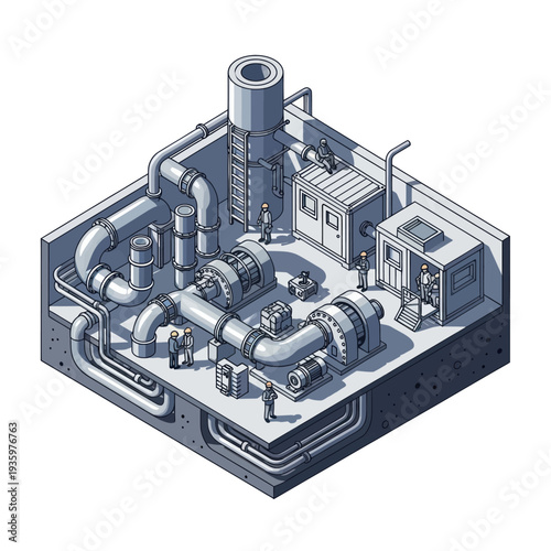Isometric Industrial Plant Machinery and Piping System.