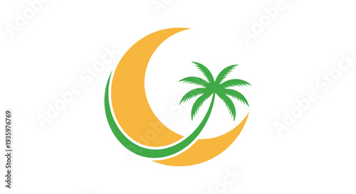 Crescent moon and palm tree logo on white background