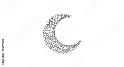Crescent moon shape formed by small stars, outlined, isolated on white background.