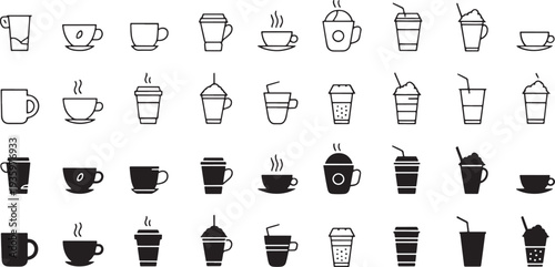 Coffee Cup Icon Set, Vector Cafe Line and Glyph Symbols for Menu and UI Design