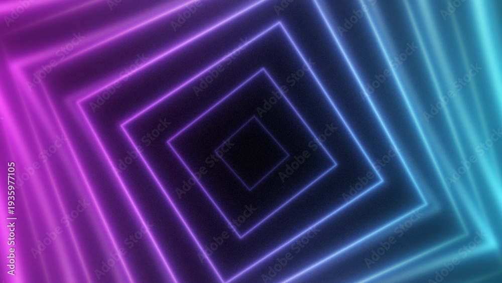 Fototapeta premium Abstract geometric neon tunnel of glowing squares in blue and purple tones creating a sense of infinite depth