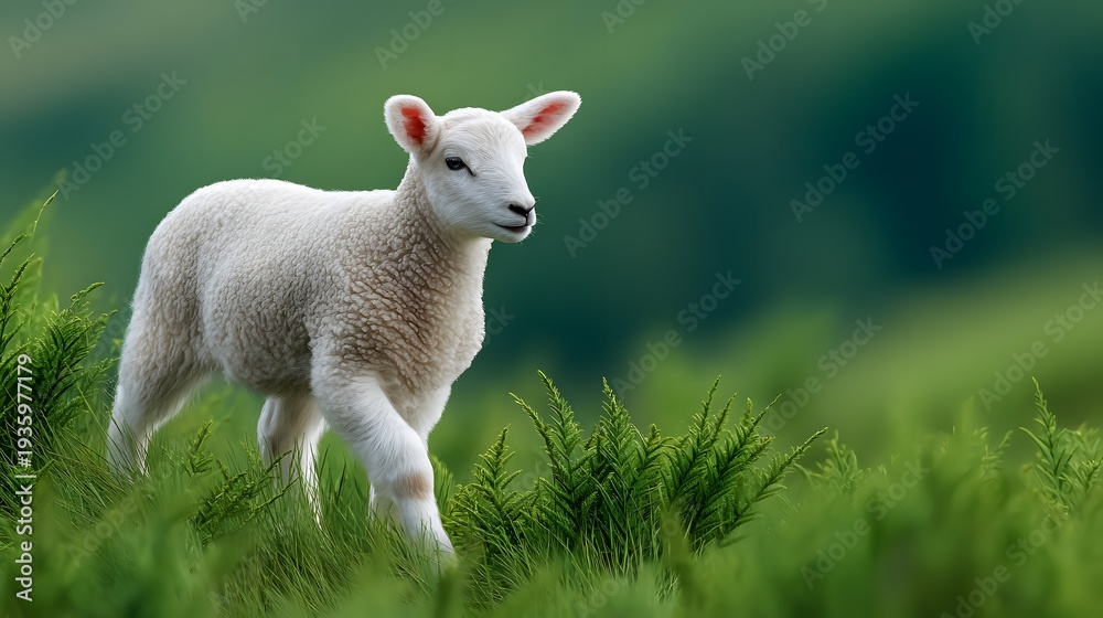 Obraz premium Sheep walks along a path with hoof prints visible on green grass