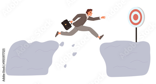 Businessman leaps across chasm. Man showing courage and determination in achieving his goal. Male character jumping over hole and overcoming obstacles. Business target. Vector concept